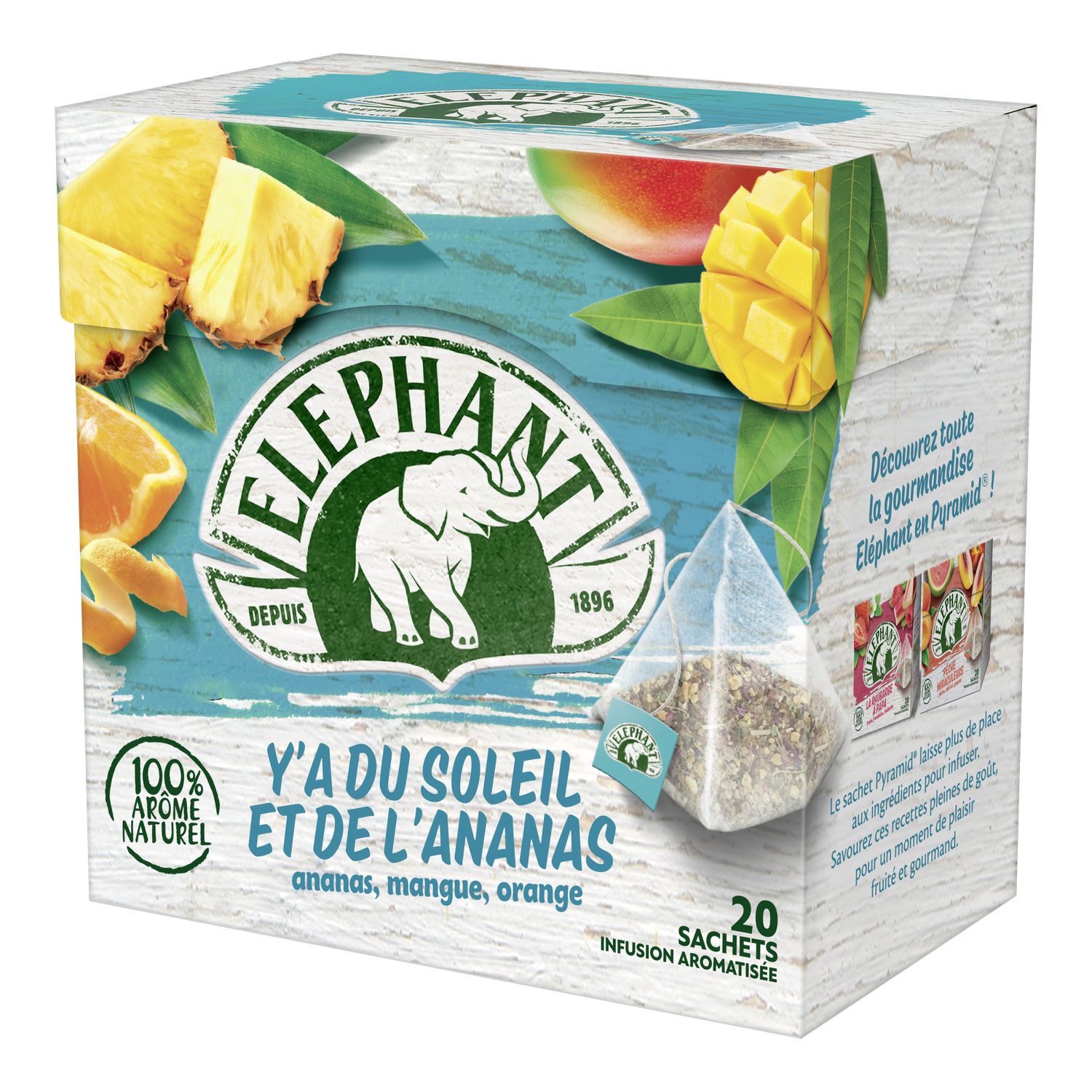 ELEPHANT Infusion aromatisée Y a du Soleil et de l'Ananas 20 sachets  Pyramid® Infusion à base d'Ananas, de Mangue et d'Orange A laisser infuser  dans 200mL d'eau à 100° pendant 4-5 minutes